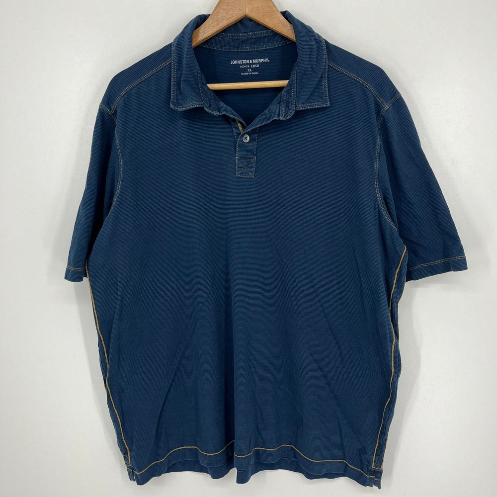 Johnston & Murphy Mens XL Blue Micro Stripe Contrast Stitch Short Sleeve Polo